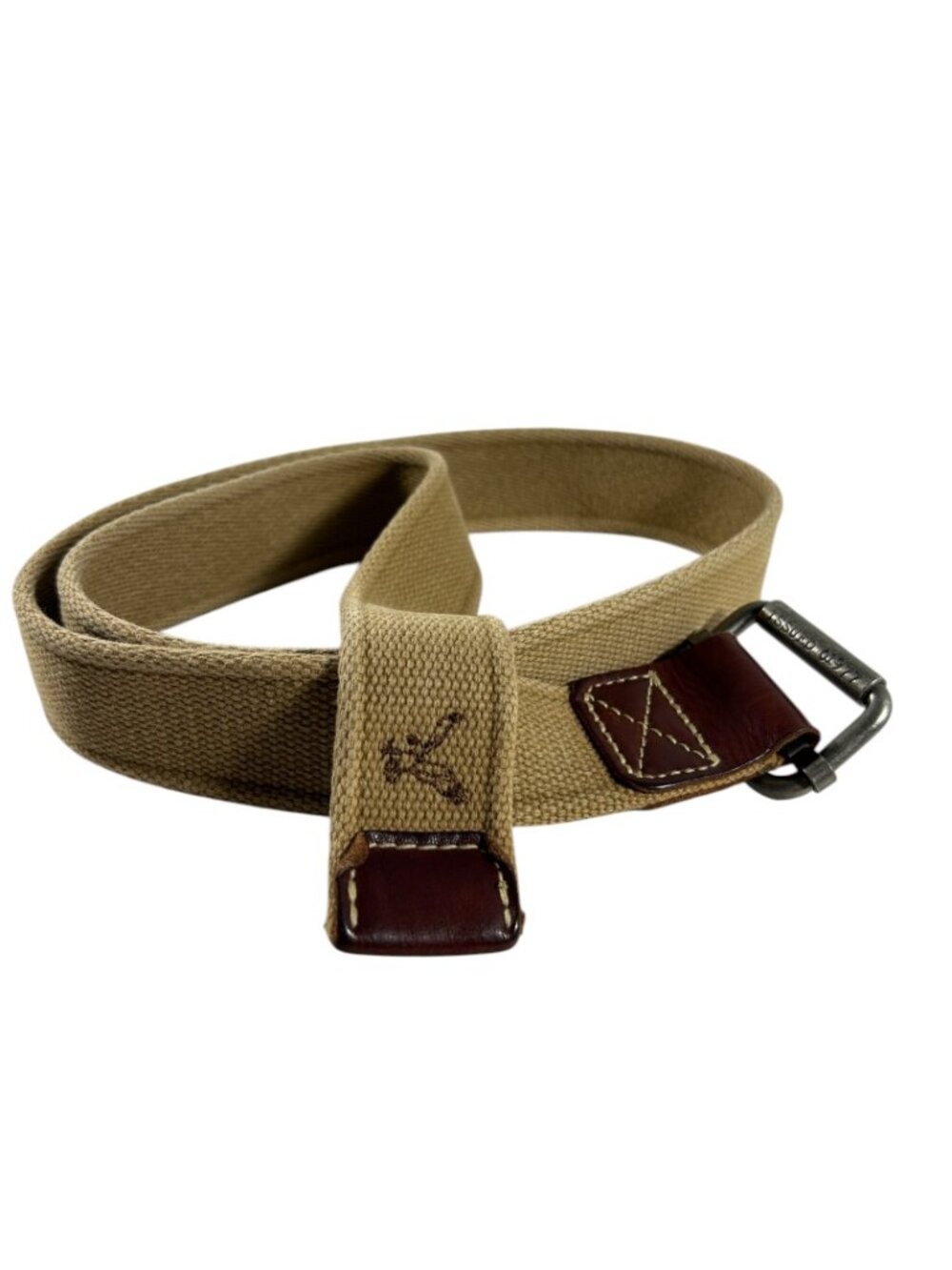 American Eagle Outfitters Mens M Tan Canvas Web Belt Leather Trim Buckle Brown